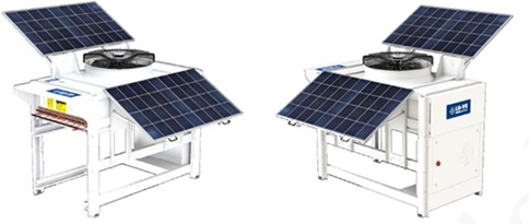Example of a LU-VE single fan heat exchanger equipped with PV panels, switch board, inverter, and battery.