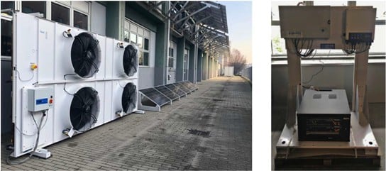 The system installed at Politecnico di Milano: on the left, the CO2 gas cooler, and the PV panels, installed outside the laboratory; on the right, the electrical rack comprising the batteries and the inverter, located inside the lab. In the real application, all components are integrated with the CO2 gas cooler 